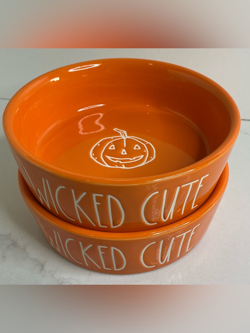 2 Rae Dunn Food Water Bowl Wicked Cute Dog Cat Small Ceramic Halloween Orange